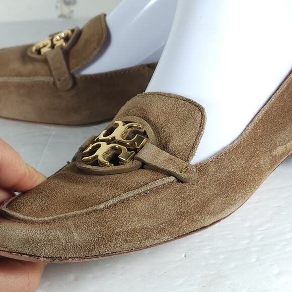 TORY BURCH Women's Metal Miller US8M Taupe Suede Medallion Logo Loafer Flats - Picture 13 of 16